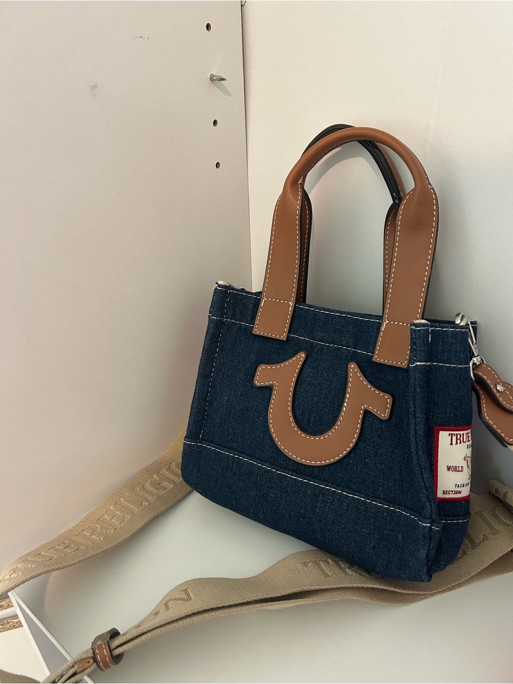 True Religion Denim Mini Tote with Tan Leather Trim